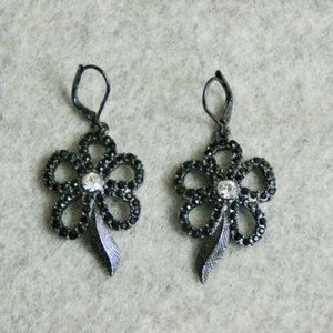Givenchy Black & Clear Rhinestone Flower Design Dangle Lever Back Earrings